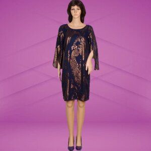 CHETTA B size 8 purple/gold-metallic long-sleeve sheath dress nylon/metallic